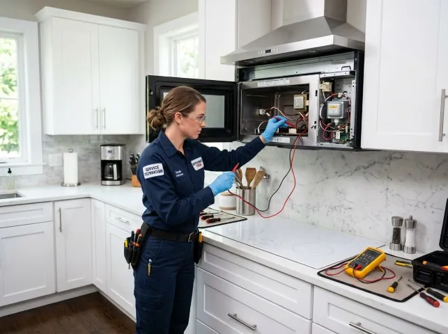 Appliance Repair Hero technician testing an over-the-range microwave in a Albion, MI kitchen